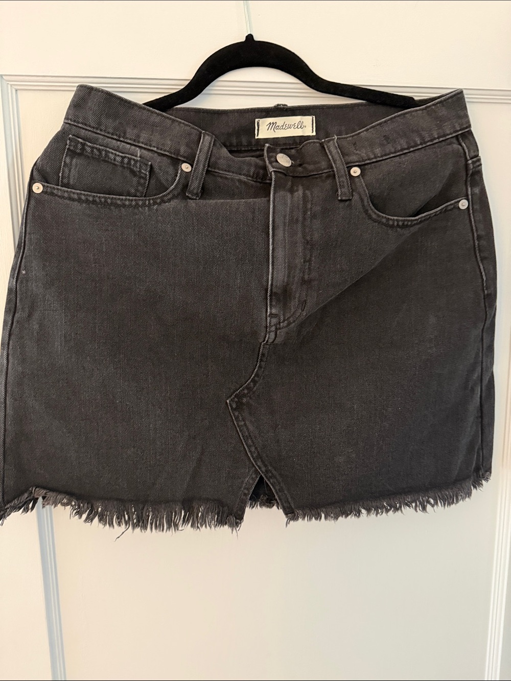 Madewell Washed Black Denim Mini Skirt with Frayed Hem- 29